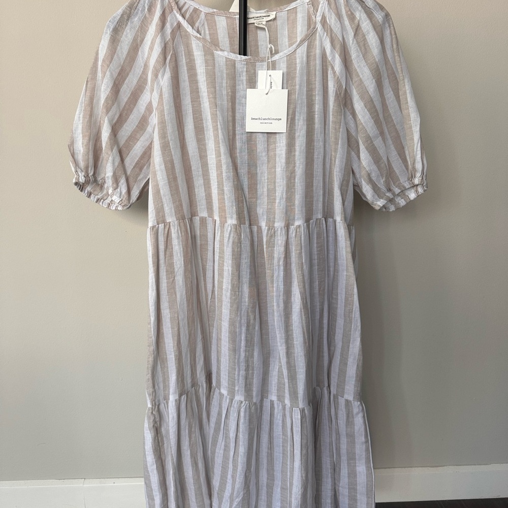 beachlunchlounge Striped Mini Dress in White and Tan